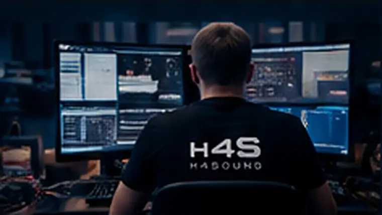 Audio engineer monitoring a networked sound system on studio screens