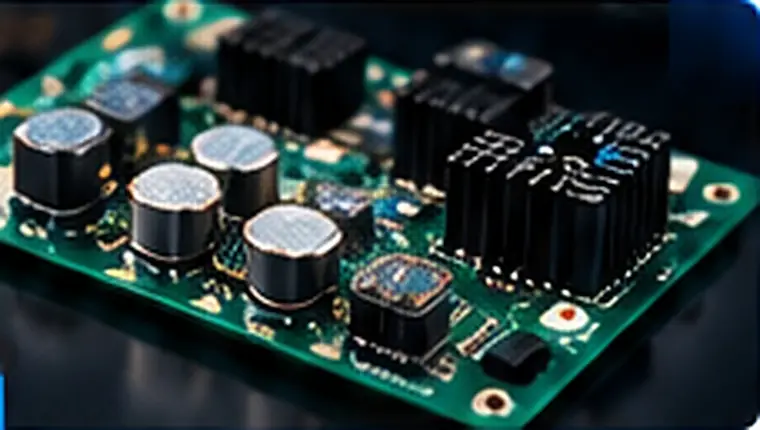 Close-up of a class D amplifier circuit board with capacitors and heatsinks